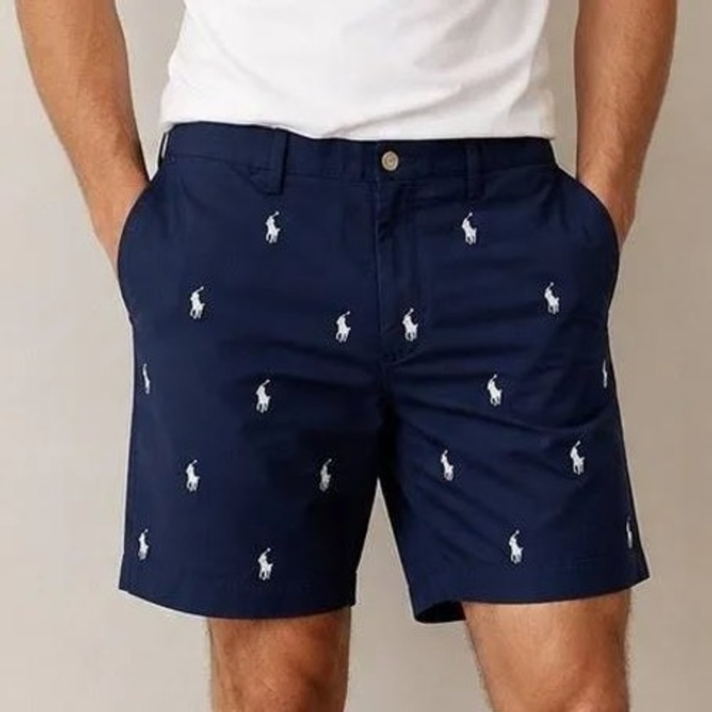 Polo Ralph Lauren Mens Navy Blue All Over Pony Embroidered Stretch Shorts 30
